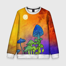 Детский свитшот 3D с принтом Заколдованный лес в Санкт-Петербурге, 100% полиэстер | свободная посадка, прямой крой, мягкая тканевая резинка на рукавах и понизу свитшота | акварель | глитч грибы | грибы | грибы нарисованные карандашом | листва | необычный лес | цветные грибы