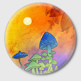 Значок с принтом Заколдованный лес в Санкт-Петербурге,  металл | круглая форма, металлическая застежка в виде булавки | Тематика изображения на принте: акварель | глитч грибы | грибы | грибы нарисованные карандашом | листва | необычный лес | цветные грибы