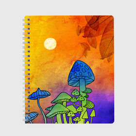 Тетрадь с принтом Заколдованный лес в Санкт-Петербурге, 100% бумага | 48 листов, плотность листов — 60 г/м2, плотность картонной обложки — 250 г/м2. Листы скреплены сбоку удобной пружинной спиралью. Уголки страниц и обложки скругленные. Цвет линий — светло-серый
 | Тематика изображения на принте: акварель | глитч грибы | грибы | грибы нарисованные карандашом | листва | необычный лес | цветные грибы