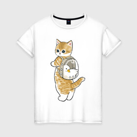 Женская футболка хлопок с принтом Котёнок с гусём в Санкт-Петербурге, 100% хлопок | прямой крой, круглый вырез горловины, длина до линии бедер, слегка спущенное плечо | арт | гусь | домашнее животное | кот | котёнок | кошка | милая кошка | милый кот | милый котёнок | пончик | прогулка | рисунок | рюкзак