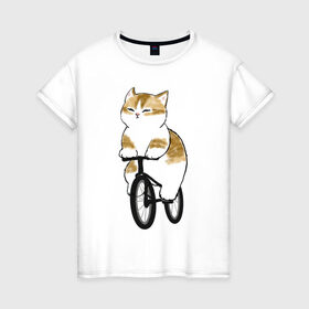 Женская футболка хлопок с принтом Котик на велосипеде в Санкт-Петербурге, 100% хлопок | прямой крой, круглый вырез горловины, длина до линии бедер, слегка спущенное плечо | Тематика изображения на принте: арт | велосипед | ветер | кот | котёнок | кошка | милая кошка | милый кот | милый котёнок | отдых | отдыхает | пончик | рисунок
