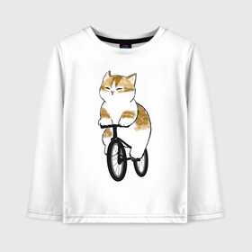 Детский лонгслив хлопок с принтом Котик на велосипеде в Санкт-Петербурге, 100% хлопок | круглый вырез горловины, полуприлегающий силуэт, длина до линии бедер | арт | велосипед | ветер | кот | котёнок | кошка | милая кошка | милый кот | милый котёнок | отдых | отдыхает | пончик | рисунок