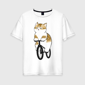 Женская футболка хлопок Oversize с принтом Котик на велосипеде в Санкт-Петербурге, 100% хлопок | свободный крой, круглый ворот, спущенный рукав, длина до линии бедер
 | арт | велосипед | ветер | кот | котёнок | кошка | милая кошка | милый кот | милый котёнок | отдых | отдыхает | пончик | рисунок
