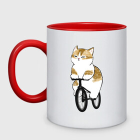Кружка двухцветная с принтом Котик на велосипеде в Санкт-Петербурге, керамика | объем — 330 мл, диаметр — 80 мм. Цветная ручка и кайма сверху, в некоторых цветах — вся внутренняя часть | Тематика изображения на принте: арт | велосипед | ветер | кот | котёнок | кошка | милая кошка | милый кот | милый котёнок | отдых | отдыхает | пончик | рисунок