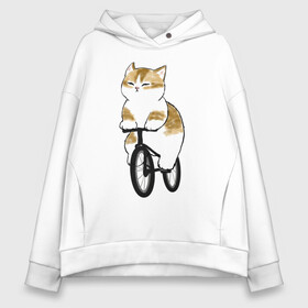 Женское худи Oversize хлопок с принтом Котик на велосипеде в Санкт-Петербурге, френч-терри — 70% хлопок, 30% полиэстер. Мягкий теплый начес внутри —100% хлопок | боковые карманы, эластичные манжеты и нижняя кромка, капюшон на магнитной кнопке | арт | велосипед | ветер | кот | котёнок | кошка | милая кошка | милый кот | милый котёнок | отдых | отдыхает | пончик | рисунок