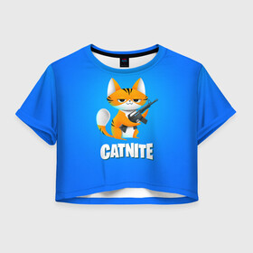 Женская футболка Crop-top 3D с принтом Catnite в Санкт-Петербурге, 100% полиэстер | круглая горловина, длина футболки до линии талии, рукава с отворотами | cs go | fortnite | кот | котик | смешной кот | смешной фортнайт | фортнайт | шутер