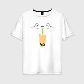 Женская футболка хлопок Oversize с принтом Totoro Drink в Санкт-Петербурге, 100% хлопок | свободный крой, круглый ворот, спущенный рукав, длина до линии бедер
 | ghibli | japan | nature | neigbor | neighbour | totoro | анимация | аниме | гибли | друг | животные | лес | милый | мир | миядзаки | мой сосед тоторо | мульт | мультфильм | природа | сок | сосед | сусуватари | тоторо | хаяо