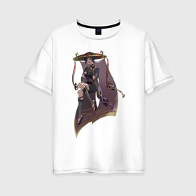 Женская футболка хлопок Oversize с принтом Скарамучча в Санкт-Петербурге, 100% хлопок | свободный крой, круглый ворот, спущенный рукав, длина до линии бедер
 | арт | баал | инадзума | милый парень | рисунок | скарамучча | фатуи