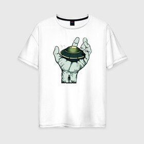 Женская футболка хлопок Oversize с принтом НЛО в Санкт-Петербурге, 100% хлопок | свободный крой, круглый ворот, спущенный рукав, длина до линии бедер
 | инопланетяне | летающая тарелка | неопознанное | нло | пришельцы