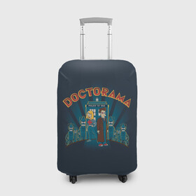 Чехол для чемодана 3D с принтом Doctorama в Санкт-Петербурге, 86% полиэфир, 14% спандекс | двустороннее нанесение принта, прорези для ручек и колес | doctor who | futurama | serial | доктор кто | путешествия во времени | сериал | сериалы | фантастика | футурама