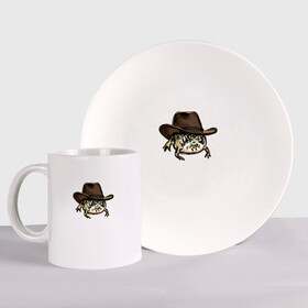Набор: тарелка + кружка с принтом Дождевая лягушка в шляпе в Санкт-Петербурге, керамика | Кружка: объем — 330 мл, диаметр — 80 мм. Принт наносится на бока кружки, можно сделать два разных изображения. 
Тарелка: диаметр - 210 мм, диаметр для нанесения принта - 120 мм. | Тематика изображения на принте: cowboy | cowboy hat | desert rain frog | howdy meme | meme | дождевая лягушка | иллюстрация | ковбой | ковбойская шляпа | лягуха | мемы | настроение | недовольное лицо | прикольные картинки | рисунок | сердитая лягушка