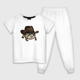 Детская пижама хлопок с принтом Дождевая лягушка в шляпе в Санкт-Петербурге, 100% хлопок |  брюки и футболка прямого кроя, без карманов, на брюках мягкая резинка на поясе и по низу штанин
 | Тематика изображения на принте: cowboy | cowboy hat | desert rain frog | howdy meme | meme | дождевая лягушка | иллюстрация | ковбой | ковбойская шляпа | лягуха | мемы | настроение | недовольное лицо | прикольные картинки | рисунок | сердитая лягушка