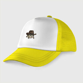 Детская кепка тракер с принтом Дождевая лягушка в шляпе в Санкт-Петербурге, Козырек - 100% хлопок. Кепка - 100% полиэстер, Задняя часть - сетка | универсальный размер, пластиковая застёжка | cowboy | cowboy hat | desert rain frog | howdy meme | meme | дождевая лягушка | иллюстрация | ковбой | ковбойская шляпа | лягуха | мемы | настроение | недовольное лицо | прикольные картинки | рисунок | сердитая лягушка