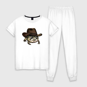 Женская пижама хлопок с принтом Дождевая лягушка в шляпе в Санкт-Петербурге, 100% хлопок | брюки и футболка прямого кроя, без карманов, на брюках мягкая резинка на поясе и по низу штанин | cowboy | cowboy hat | desert rain frog | howdy meme | meme | дождевая лягушка | иллюстрация | ковбой | ковбойская шляпа | лягуха | мемы | настроение | недовольное лицо | прикольные картинки | рисунок | сердитая лягушка