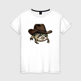 Женская футболка хлопок с принтом Дождевая лягушка в шляпе в Санкт-Петербурге, 100% хлопок | прямой крой, круглый вырез горловины, длина до линии бедер, слегка спущенное плечо | cowboy | cowboy hat | desert rain frog | howdy meme | meme | дождевая лягушка | иллюстрация | ковбой | ковбойская шляпа | лягуха | мемы | настроение | недовольное лицо | прикольные картинки | рисунок | сердитая лягушка