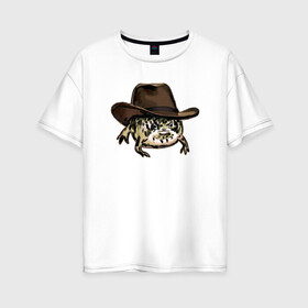 Женская футболка хлопок Oversize с принтом Дождевая лягушка в шляпе в Санкт-Петербурге, 100% хлопок | свободный крой, круглый ворот, спущенный рукав, длина до линии бедер
 | cowboy | cowboy hat | desert rain frog | howdy meme | meme | дождевая лягушка | иллюстрация | ковбой | ковбойская шляпа | лягуха | мемы | настроение | недовольное лицо | прикольные картинки | рисунок | сердитая лягушка