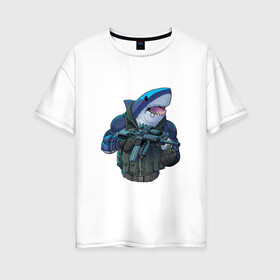 Женская футболка хлопок Oversize с принтом Водный спецназ в Санкт-Петербурге, 100% хлопок | свободный крой, круглый ворот, спущенный рукав, длина до линии бедер
 | Тематика изображения на принте: акула | арт | граната | зубы | клыки | огнестрельное оружие | рисунок | рыба | рыбы | хищник | человекоподобный