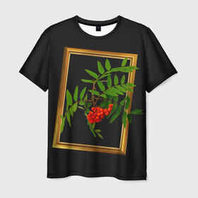 Мужская футболка 3D с принтом ягоды рябины в золотой раме в Санкт-Петербурге, 100% полиэфир | прямой крой, круглый вырез горловины, длина до линии бедер | 3 сентября | костры рябин | осень | рябина | черный фон | ягоды