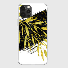 Чехол для iPhone 12 Pro с принтом Абстракция с золотыми листьями в Санкт-Петербурге, силикон | область печати: задняя сторона чехла, без боковых панелей | абстрактный | абстракция | белый | графика | золотистый | золото | золотой | крупная | крупный | листва | листики | листья | мазки | черный