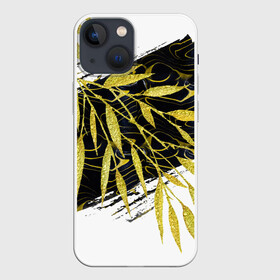 Чехол для iPhone 13 mini с принтом Абстракция с золотыми листьями в Санкт-Петербурге,  |  | абстрактный | абстракция | белый | графика | золотистый | золото | золотой | крупная | крупный | листва | листики | листья | мазки | черный