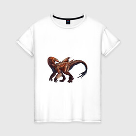 Женская футболка хлопок с принтом Сегнозавр в Санкт-Петербурге, 100% хлопок | прямой крой, круглый вырез горловины, длина до линии бедер, слегка спущенное плечо | арт | динозавр | динозавр с перьями | доисторические | красный | красный динозавр | крылья | перья | рисунок | сегнозавр | теризинозавр | хищник