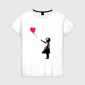 Женская футболка хлопок с принтом Balloon Girl в Санкт-Петербурге, 100% хлопок | прямой крой, круглый вырез горловины, длина до линии бедер, слегка спущенное плечо | Тематика изображения на принте: balloon girl | banksy | бэнкси | граффити | девочка с шариком | сердце