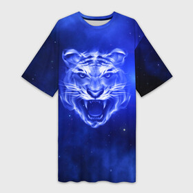 Платье-футболка 3D с принтом Космический тигр в Санкт-Петербурге,  |  | cat | neon | new year | tiger | восточный гороскоп | год тигра | голова | день рождения | дикие животные | зверь | злой кот | злой тигр | кот | кошак | кошка | неоновый | новый год | огненный | оскал | подарок