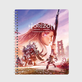 Тетрадь с принтом Элой Horizon Forbidden West DE в Санкт-Петербурге, 100% бумага | 48 листов, плотность листов — 60 г/м2, плотность картонной обложки — 250 г/м2. Листы скреплены сбоку удобной пружинной спиралью. Уголки страниц и обложки скругленные. Цвет линий — светло-серый
 | Тематика изображения на принте: aloy | bow | dinosaur | games | horizon forbidden west | hunt | nextgen | playstation 5 | ps5 | robot | zero dawn | горизонт | динозавр | запретный запад | игры | лук | некстген | нулевой рассвет | охота | плейстейшен 5 | пс5 | робот | элой