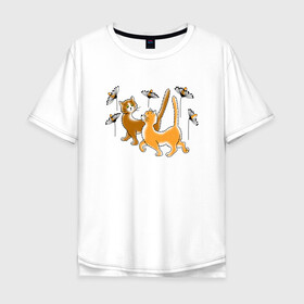 Мужская футболка хлопок Oversize с принтом Рыжие коты в Санкт-Петербурге, 100% хлопок | свободный крой, круглый ворот, “спинка” длиннее передней части | cat | cat art | животные | звери | кот | котик | коты | кошка | цветы