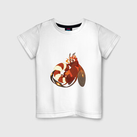 Детская футболка хлопок с принтом Огненная панда в Санкт-Петербурге, 100% хлопок | круглый вырез горловины, полуприлегающий силуэт, длина до линии бедер | арт | красная панда | крылья | малая панда | маленькая панда | огонь | панда | панда стайана | перья | рисунок | стайана | фантастический зверь | фантастическое животное | язык пламени