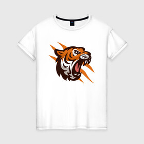 Женская футболка хлопок с принтом Tiger Flash в Санкт-Петербурге, 100% хлопок | прямой крой, круглый вырез горловины, длина до линии бедер, слегка спущенное плечо | Тематика изображения на принте: 2022 | animal | cat | lion | tiger | год тигра | животные | зубы | кот | кошка | лев | охотник | полосатый | природа | тигр | тигренок | тигрица | хищник