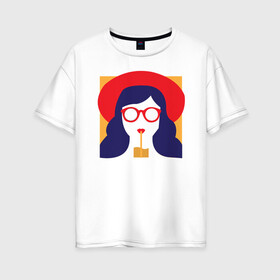 Женская футболка хлопок Oversize с принтом Девушка с коктейлем в Санкт-Петербурге, 100% хлопок | свободный крой, круглый ворот, спущенный рукав, длина до линии бедер
 | брюнетка | девушка | очки | пин арт | стакан | шляпа