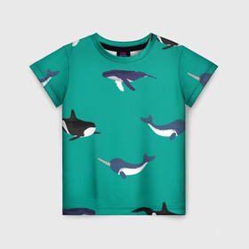 Детская футболка 3D с принтом Нарвал, киты, касатка паттерн в Санкт-Петербурге, 100% гипоаллергенный полиэфир | прямой крой, круглый вырез горловины, длина до линии бедер, чуть спущенное плечо, ткань немного тянется | изумрудно зеленый цвет | касатки | киты | морская фауна | морские животные | морские жители | нарвал | океан | паттерн
