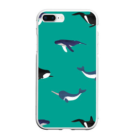 Чехол для iPhone 7Plus/8 Plus матовый с принтом Нарвал, киты, касатка паттерн в Санкт-Петербурге, Силикон | Область печати: задняя сторона чехла, без боковых панелей | изумрудно зеленый цвет | касатки | киты | морская фауна | морские животные | морские жители | нарвал | океан | паттерн
