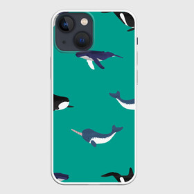 Чехол для iPhone 13 mini с принтом Нарвал, киты, касатка паттерн в Санкт-Петербурге,  |  | Тематика изображения на принте: изумрудно зеленый цвет | касатки | киты | морская фауна | морские животные | морские жители | нарвал | океан | паттерн