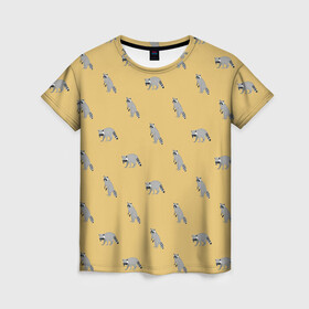 Женская футболка 3D с принтом Еноты паттерн в Санкт-Петербурге, 100% полиэфир ( синтетическое хлопкоподобное полотно) | прямой крой, круглый вырез горловины, длина до линии бедер | pattern | raccoons | еноты | забавные животные | звери | кремовый | охра | охристый | паттерн | песочный цвет | светло желтый