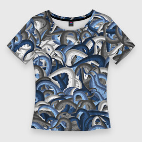 Женская футболка 3D Slim с принтом Синий камуфляж с щупальцами в Санкт-Петербурге,  |  | камуфляж | ктулху | милитари | море | морской | осьминог | рыбак | щупальца