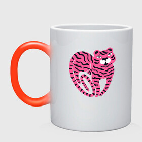 Кружка хамелеон с принтом Pink Tiger в Санкт-Петербурге, керамика | меняет цвет при нагревании, емкость 330 мл | Тематика изображения на принте: 2022 | animal | cat | lion | tiger | год тигра | животные | зверь | зубы | кот | кошка | лев | охотник | полосатый | природа | тигр | тигренок | тигрица | хищник