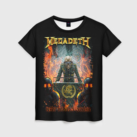 Женская футболка 3D с принтом Megadeth в Санкт-Петербурге, 100% полиэфир ( синтетическое хлопкоподобное полотно) | прямой крой, круглый вырез горловины, длина до линии бедер | megadeth | metal | trash metal | группы | метал | музыка | рок | треш метал