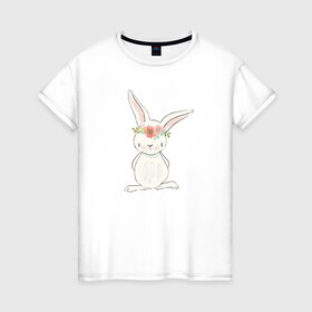 Женская футболка хлопок с принтом милый кролик в Санкт-Петербурге, 100% хлопок | прямой крой, круглый вырез горловины, длина до линии бедер, слегка спущенное плечо | заяц | кролик. венок | лапы | мода | мультик | персонаж | уши | хвост