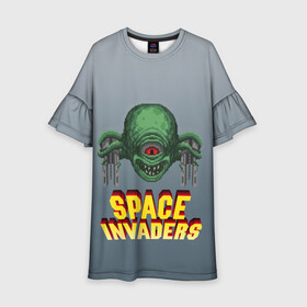 Детское платье 3D с принтом Space Invaders | Old game (Z) в Санкт-Петербурге, 100% полиэстер | прямой силуэт, чуть расширенный к низу. Круглая горловина, на рукавах — воланы | dendy | invaders | nintendo | shootem up | space invaders | денди | захватчики | космические захватчики | су имбэ | чужаки