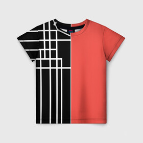 Детская футболка 3D с принтом Черный и коралловый арт деко в Санкт-Петербурге, 100% гипоаллергенный полиэфир | прямой крой, круглый вырез горловины, длина до линии бедер, чуть спущенное плечо, ткань немного тянется | абстрактный | арт | арт деко | белые полосы | геометрический | модный | молодежный | полосы | современный | черный и коралловый