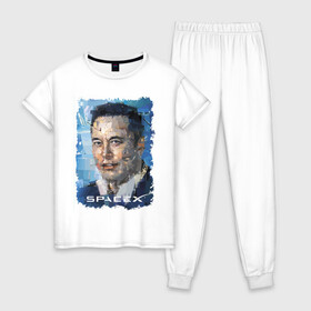 Женская пижама хлопок с принтом Elon Musk, Space X в Санкт-Петербурге, 100% хлопок | брюки и футболка прямого кроя, без карманов, на брюках мягкая резинка на поясе и по низу штанин | celebrity | elon musk | genius | revolutionary | space x | гений | знаменитость | илон маск | революционер