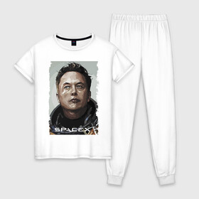 Женская пижама хлопок с принтом Space X и его создатель в Санкт-Петербурге, 100% хлопок | брюки и футболка прямого кроя, без карманов, на брюках мягкая резинка на поясе и по низу штанин | celebrity | elon musk | genius | revolutionary | space x | гений | знаменитость | илон маск | революционер