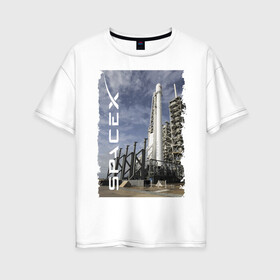 Женская футболка хлопок Oversize с принтом Space X, космодром в Санкт-Петербурге, 100% хлопок | свободный крой, круглый ворот, спущенный рукав, длина до линии бедер
 | cloud | cosmodrome | elon musk | rocket | sky | space x | илон маск | космодром | небо | облако | ракета