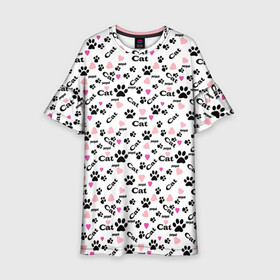 Детское платье 3D с принтом Следы кошачьих лап  в Санкт-Петербурге, 100% полиэстер | прямой силуэт, чуть расширенный к низу. Круглая горловина, на рукавах — воланы | веселый | детский | для девочек | кошачьи следы | кошки | модный | розовый | следы | черный