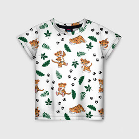 Детская футболка 3D с принтом Милый тигр в Санкт-Петербурге, 100% гипоаллергенный полиэфир | прямой крой, круглый вырез горловины, длина до линии бедер, чуть спущенное плечо, ткань немного тянется | 2022 | год тигра | листья | милый тигр | новый год | паттерн | принт | саванна | следы | тигренок | фон | хищник