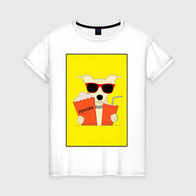 Женская футболка хлопок с принтом Пес кинофил в Санкт-Петербурге, 100% хлопок | прямой крой, круглый вырез горловины, длина до линии бедер, слегка спущенное плечо | кино | киноман | киносеанс | кинотеатр | кинофил | пес | собака