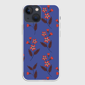 Чехол для iPhone 13 mini с принтом Цветы на синем фоне в Санкт-Петербурге,  |  | 8 марта | flowers | summer | ботаническая иллюстрация | весна | коричневый | красный | лето | листья | любовь | праздник | принт | природа | растения | синий | цветы