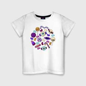 Детская футболка хлопок с принтом Конфетный набор в Санкт-Петербурге, 100% хлопок | круглый вырез горловины, полуприлегающий силуэт, длина до линии бедер | иллюстрация | карамель | конфеты | леденец | ужастик